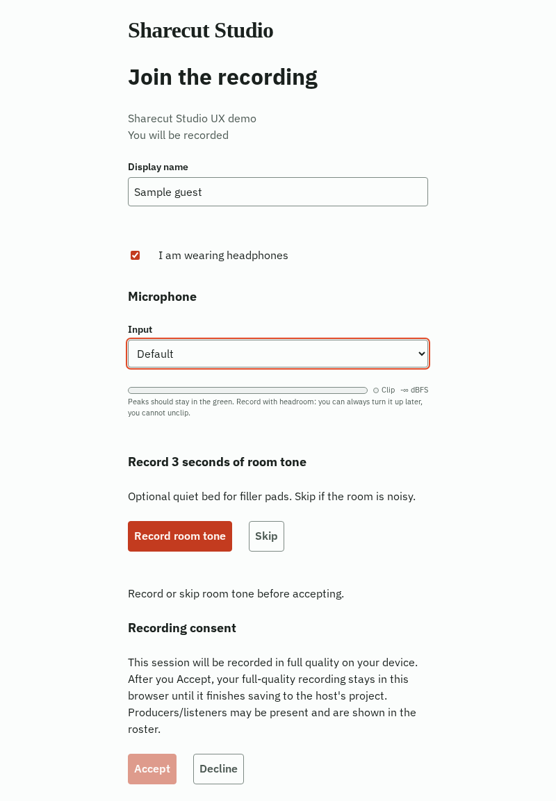 ShareCut Studio recording guest lobby with a sample name and microphone setup.